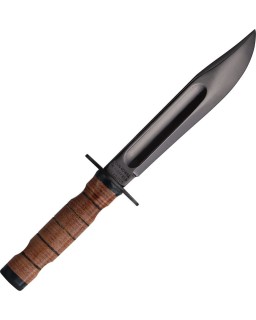 Sheffield Knives Israeli Commando Knife black oxide coated carbon steel blade stacked leather handle brown leather sheat