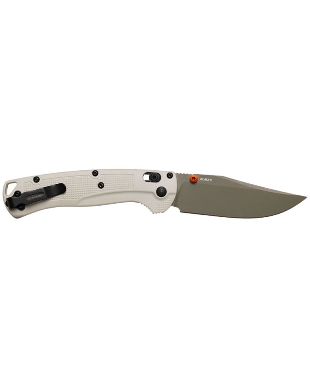 Benchmade Taggedout ELMAX steel Olive Cerakote finish Tan Grivory handle AXIS lock