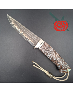 Sergey Shidlovskiy Custom Knives Snow Fighter laminate steel blade petrified oak handle brown leather sheath