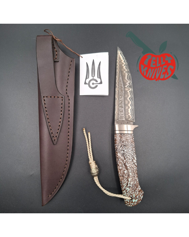 Sergey Shidlovskiy Custom Knives Snow Fighter laminate steel blade petrified oak handle brown leather sheath