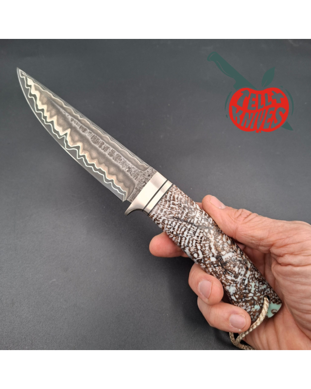 Sergey Shidlovskiy Custom Knives Snow Fighter laminate steel blade petrified oak handle brown leather sheath