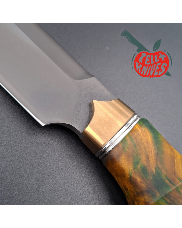 Michal Komorovsky Hunting Knife K390 steel Cryo treatment black DLC coating 62HRC stabilized maple wood handle brown lea