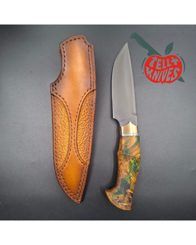 Michal Komorovsky Hunting Knife K390 steel Cryo treatment black DLC coating 62HRC stabilized maple wood handle brown lea