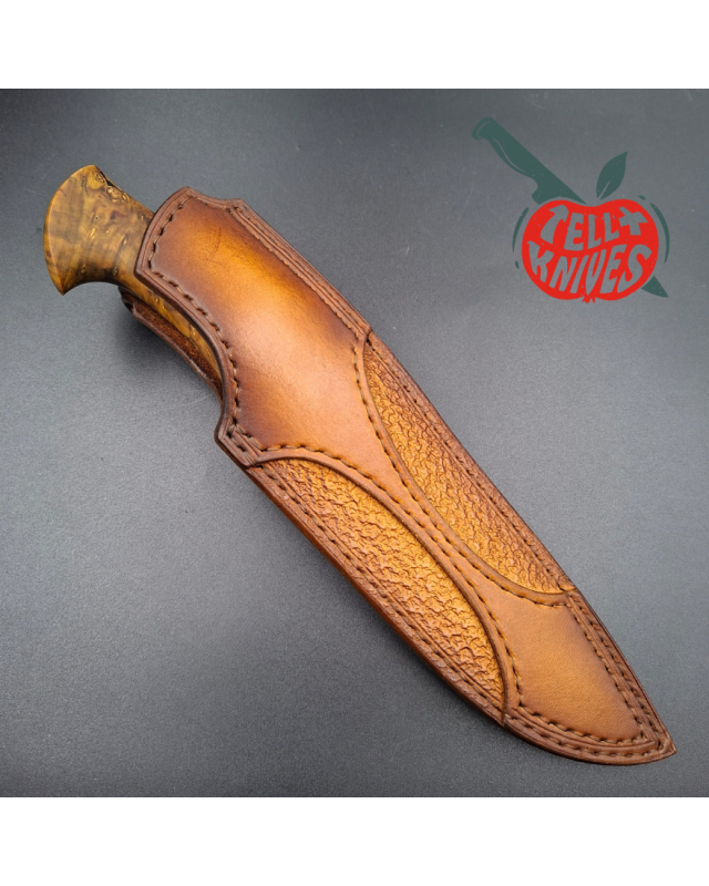 Michal Komorovsky Hunting Knife K390 steel Cryo treatment black DLC coating 62HRC stabilized maple wood handle brown lea