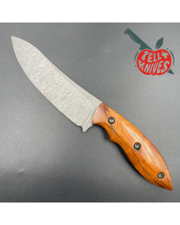 Michal Komorovsky Hunting Knife N690Co steel stonewash finish Arizona Ironwood handle brown leather sheath