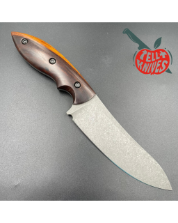 Michal Komorovsky Hunting Knife N690Co steel stonewash finish Arizona Ironwood handle brown leather sheath