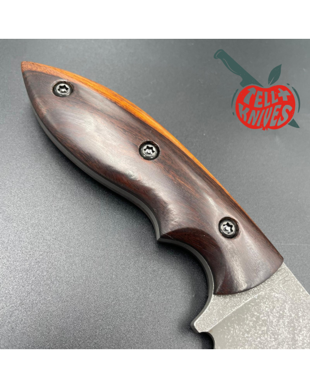 Michal Komorovsky Hunting Knife N690Co steel stonewash finish Arizona Ironwood handle brown leather sheath