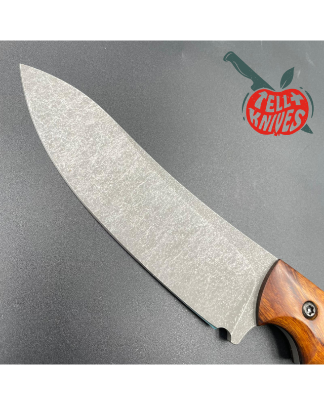 Michal Komorovsky Hunting Knife N690Co steel stonewash finish Arizona Ironwood handle brown leather sheath