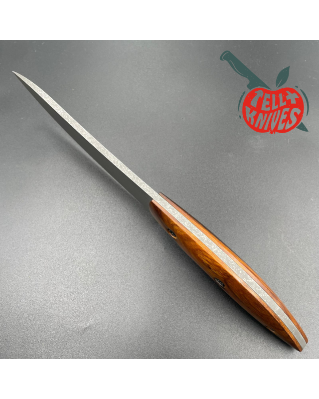 Michal Komorovsky Hunting Knife N690Co steel stonewash finish Arizona Ironwood handle brown leather sheath