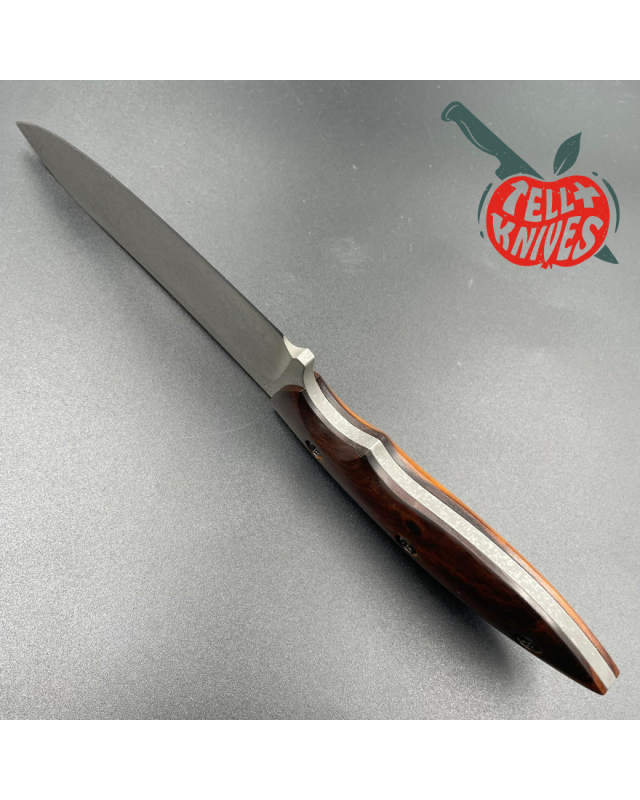 Michal Komorovsky Hunting Knife N690Co steel stonewash finish Arizona Ironwood handle brown leather sheath