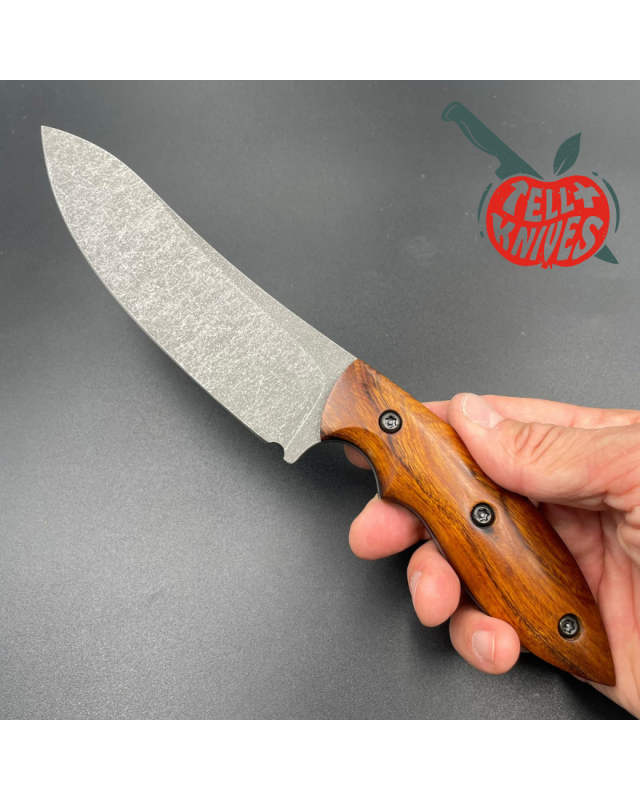 Michal Komorovsky Hunting Knife N690Co steel stonewash finish Arizona Ironwood handle brown leather sheath