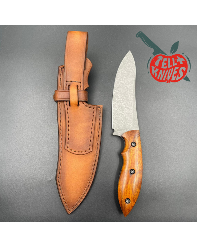 Michal Komorovsky Hunting Knife N690Co steel stonewash finish Arizona Ironwood handle brown leather sheath