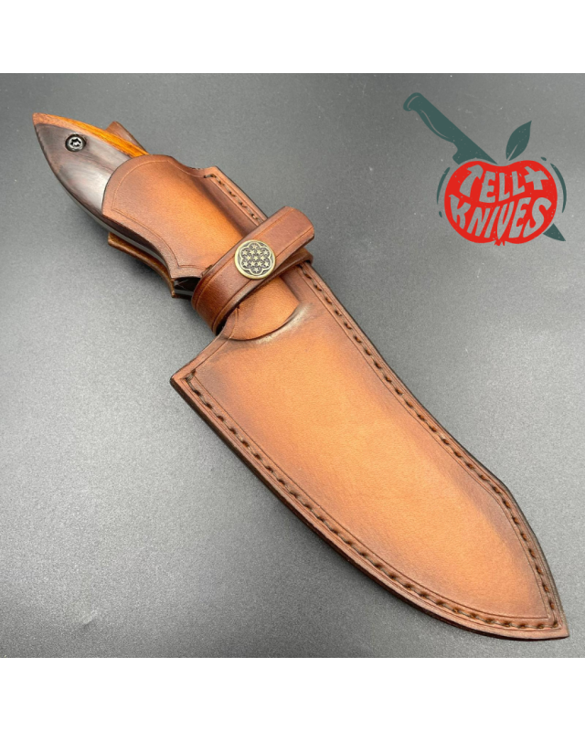 Michal Komorovsky Hunting Knife N690Co steel stonewash finish Arizona Ironwood handle brown leather sheath