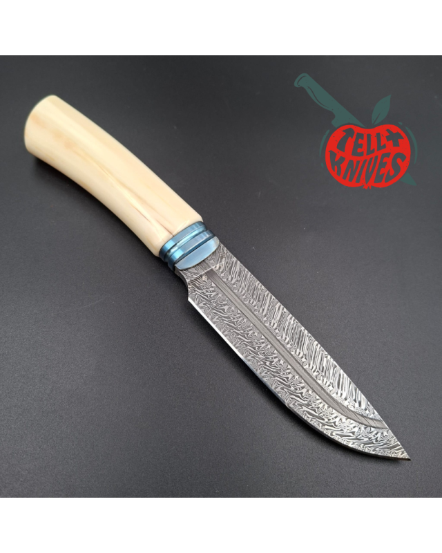 Michal Komorovsky Hunting Knife Damascus carbon steel bone handle black leather sheath