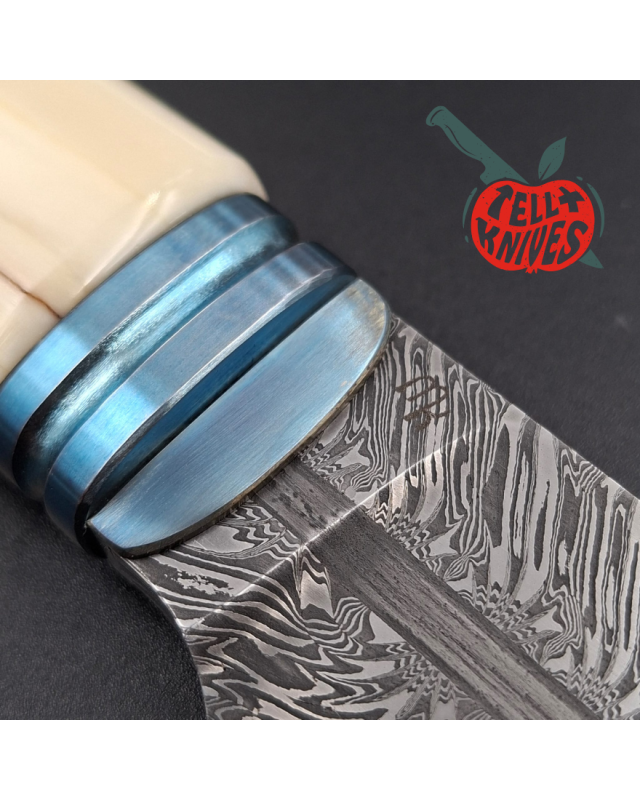 Michal Komorovsky Hunting Knife Damascus carbon steel bone handle black leather sheath