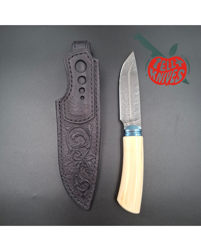 Michal Komorovsky Hunting Knife Damascus carbon steel bone handle black leather sheath