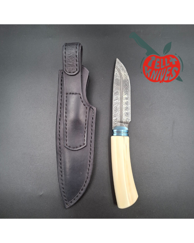 Michal Komorovsky Hunting Knife Damascus carbon steel bone handle black leather sheath