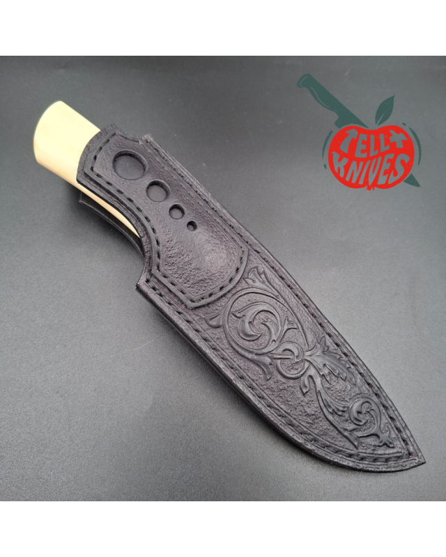 Michal Komorovsky Hunting Knife Damascus carbon steel bone handle black leather sheath