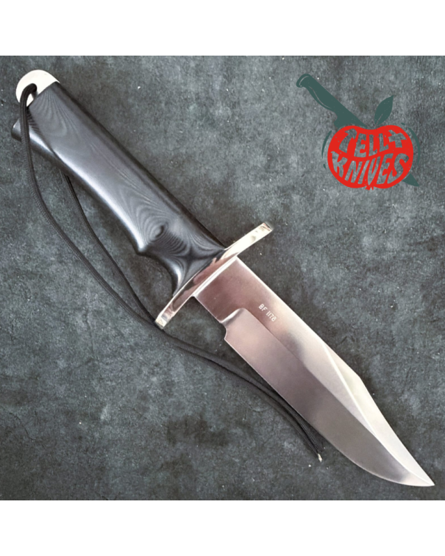 Randall Buxton Fighter Full Tang Stainless steel nickel silver forward curved hilt black micarta handle black leather sheath