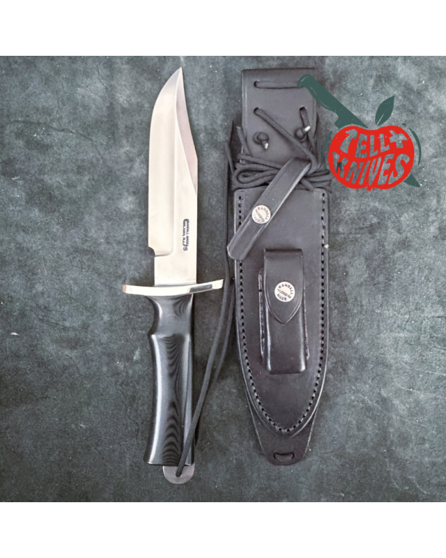 Randall Buxton Fighter Full Tang Stainless steel nickel silver forward curved hilt black micarta handle black leather sheath