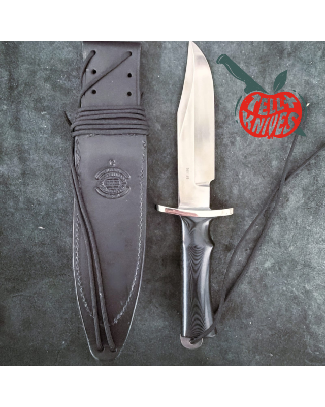 Randall Buxton Fighter Full Tang Stainless steel nickel silver forward curved hilt black micarta handle black leather sheath