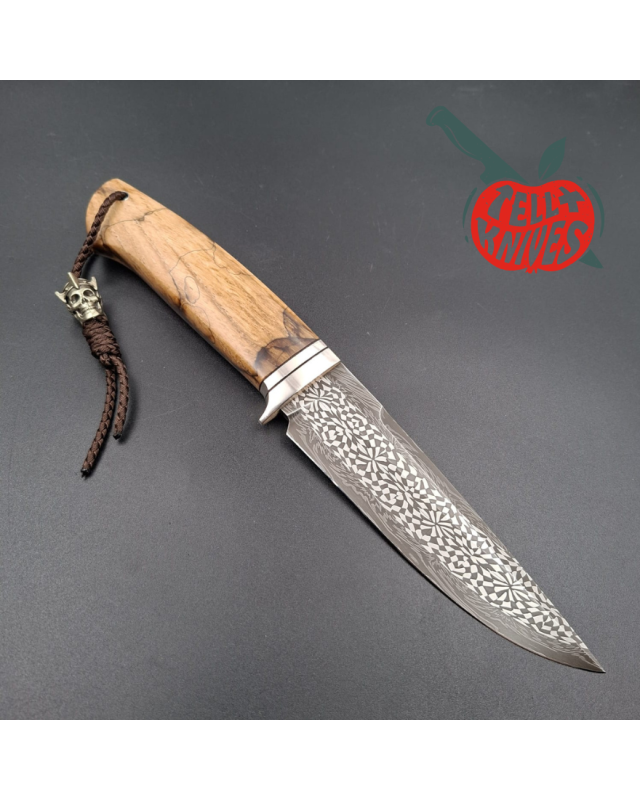 Sergey Shidlovskiy Custom Knives Model Classic Fighter Mosaic Damascus blade heated maple wood handle black leather sheath