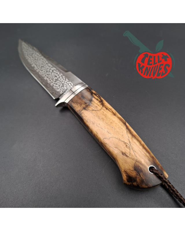 Sergey Shidlovskiy Custom Knives Model Classic Fighter Mosaic Damascus blade heated maple wood handle black leather sheath