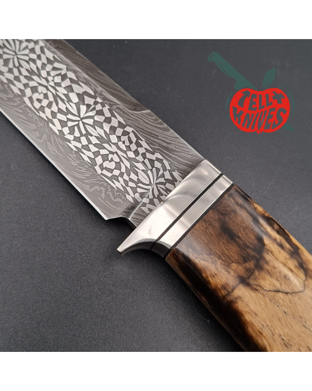 Sergey Shidlovskiy Custom Knives Model Classic Fighter Mosaic Damascus blade heated maple wood handle black leather sheath