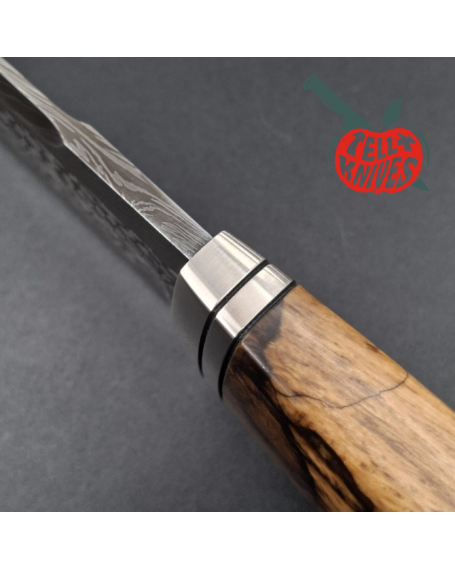 Sergey Shidlovskiy Custom Knives Model Classic Fighter Mosaic Damascus blade heated maple wood handle black leather sheath