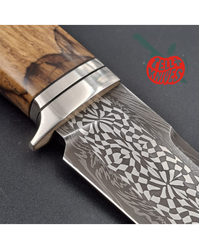 Sergey Shidlovskiy Custom Knives Model Classic Fighter Mosaic Damascus blade heated maple wood handle black leather sheath