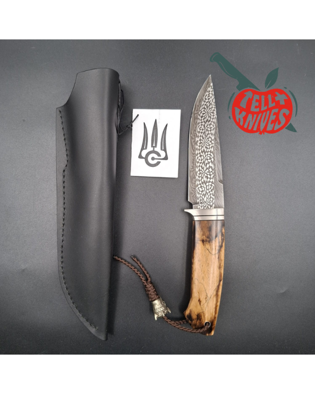 Sergey Shidlovskiy Custom Knives Model Classic Fighter Mosaic Damascus blade heated maple wood handle black leather sheath