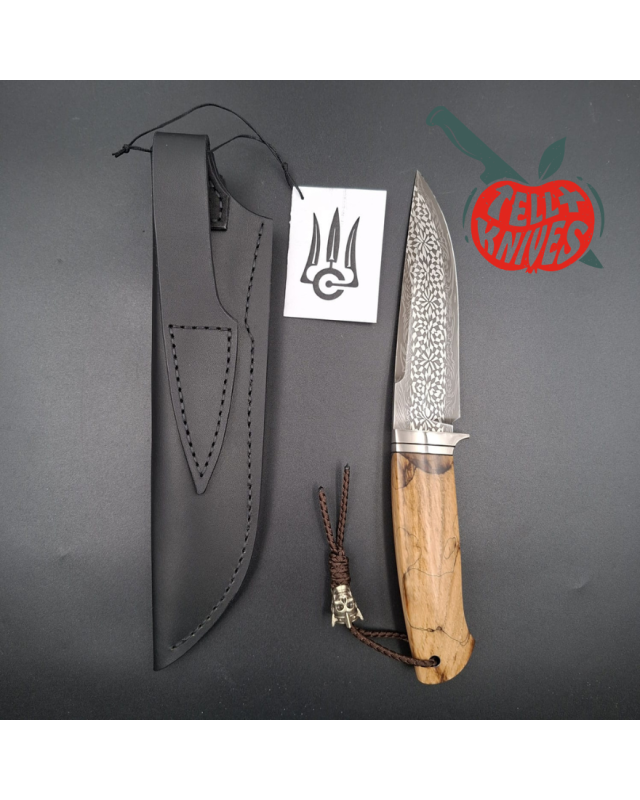 Sergey Shidlovskiy Custom Knives Model Classic Fighter Mosaic Damascus blade heated maple wood handle black leather sheath