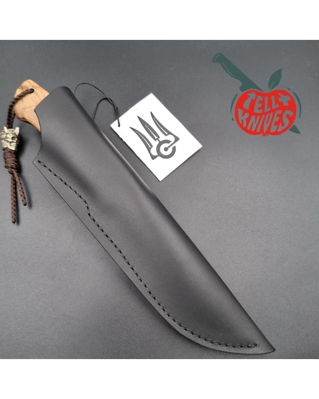 Sergey Shidlovskiy Custom Knives Model Classic Fighter Mosaic Damascus blade heated maple wood handle black leather sheath