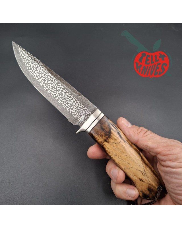 Sergey Shidlovskiy Custom Knives Model Classic Fighter Mosaic Damascus blade heated maple wood handle black leather sheath