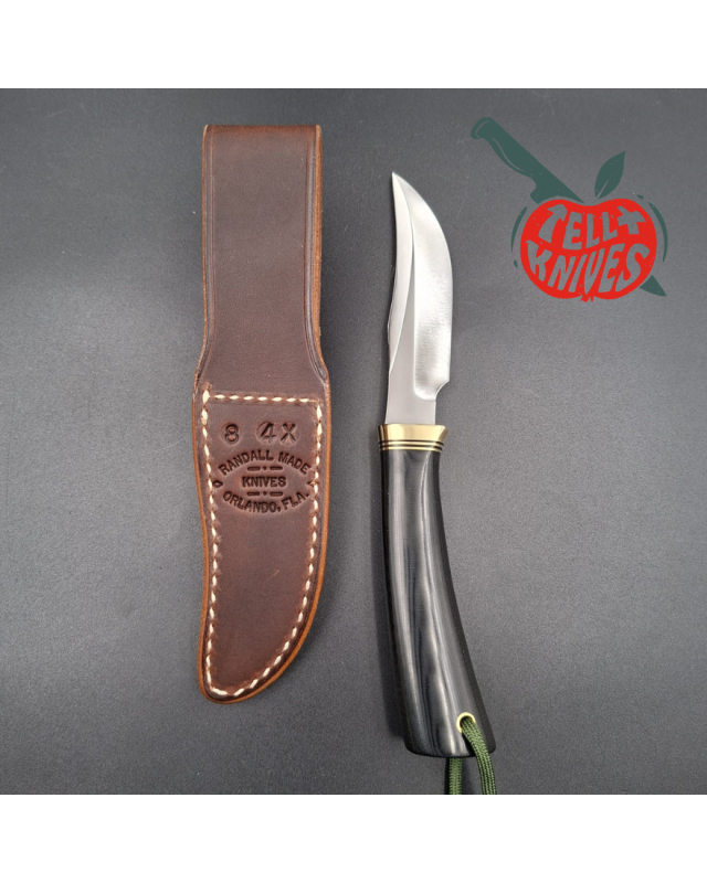 Randall Made Knives Model 8-4x forged carbon steel brass guard black micarta handle brown leather sheath