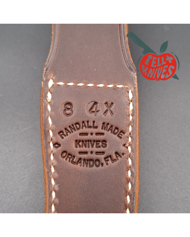 Randall Made Knives Model 8-4x forged carbon steel brass guard black micarta handle brown leather sheath