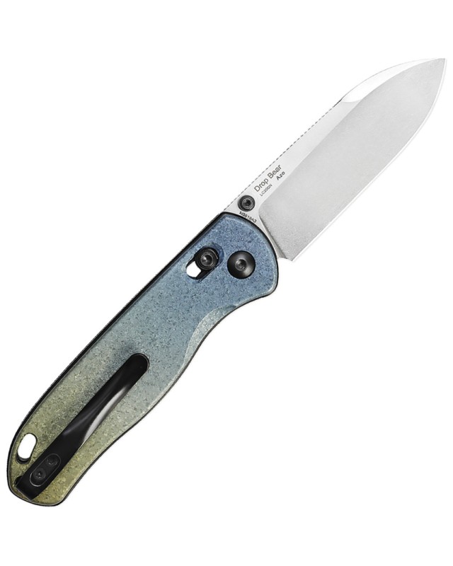 Kizer Drop Bear Clutch Lock Stonewash LC200 N Steel Blade Blue and Gold Titanium Handle