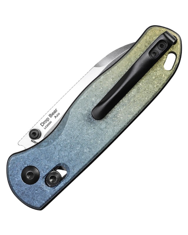 Kizer Drop Bear Clutch Lock Stonewash LC200 N Steel Blade Blue and Gold Titanium Handle