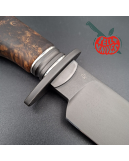 Michal Komorovsky Hunting Knife V4e steel black DLC coating 62HRC stabilized maple wood handle brown leather sheath