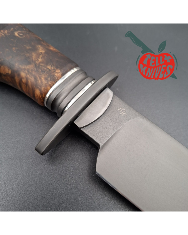 Michal Komorovsky Hunting Knife V4e steel black DLC coating 62HRC stabilized maple wood handle brown leather sheath