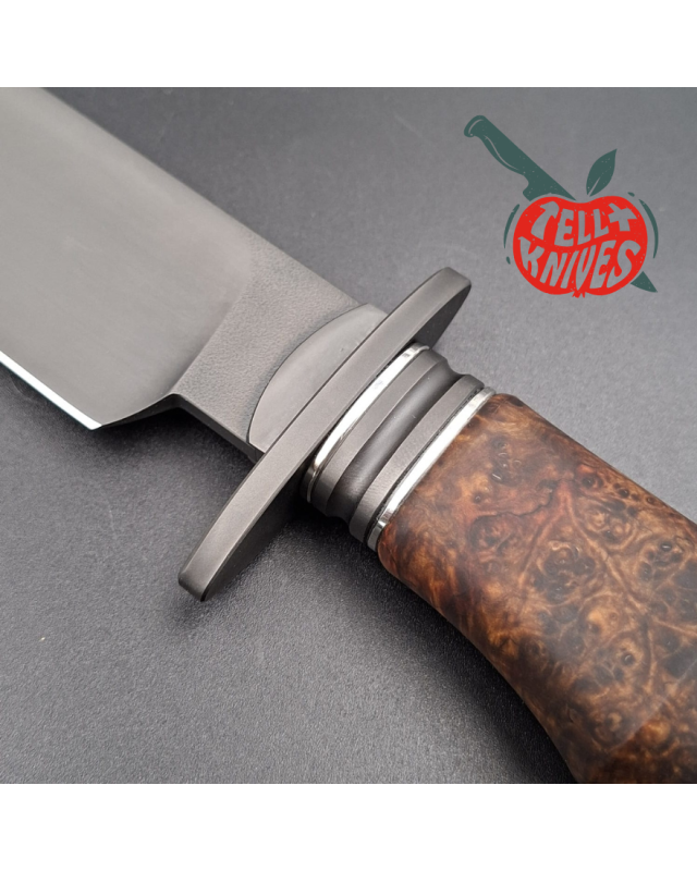 Michal Komorovsky Hunting Knife V4e steel black DLC coating 62HRC stabilized maple wood handle brown leather sheath