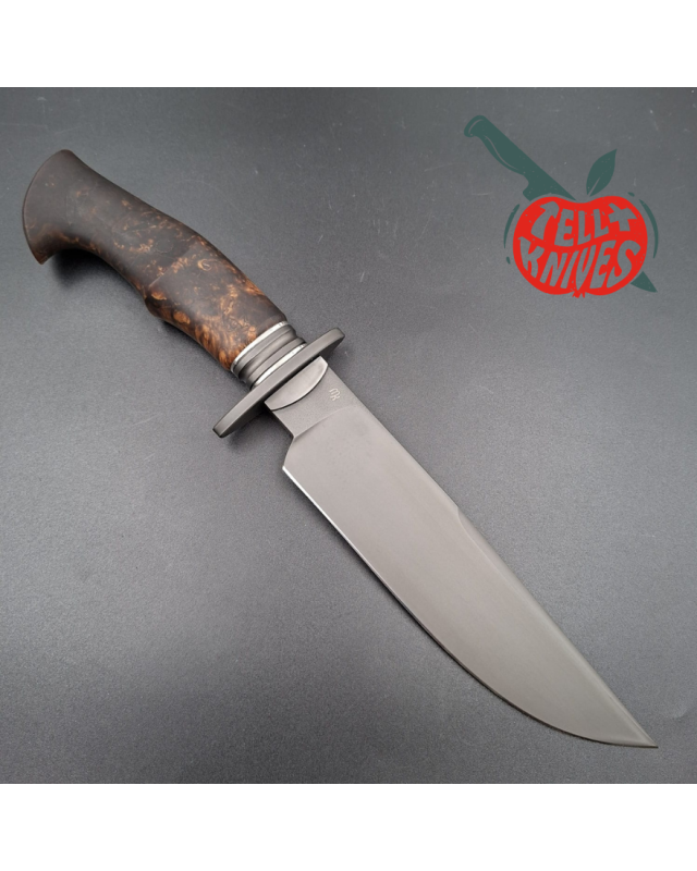 Michal Komorovsky Hunting Knife V4e steel black DLC coating 62HRC stabilized maple wood handle brown leather sheath
