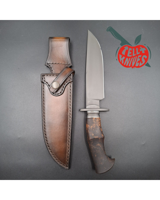 Michal Komorovsky Hunting Knife V4e steel black DLC coating 62HRC stabilized maple wood handle brown leather sheath