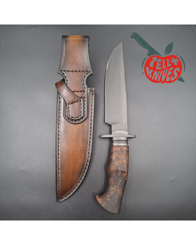 Michal Komorovsky Hunting Knife V4e steel black DLC coating 62HRC stabilized maple wood handle brown leather sheath