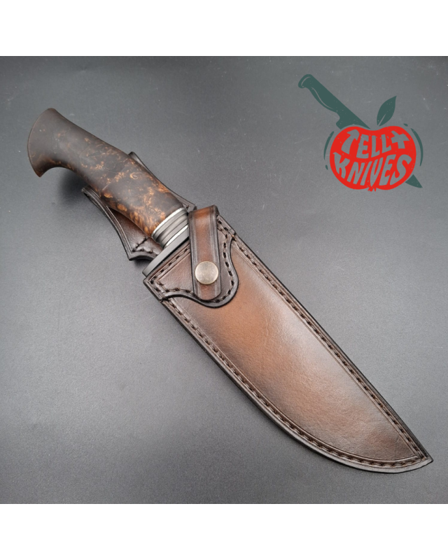 Michal Komorovsky Hunting Knife V4e steel black DLC coating 62HRC stabilized maple wood handle brown leather sheath