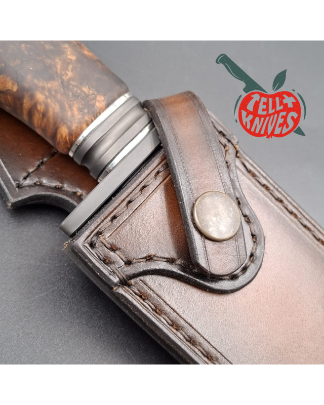 Michal Komorovsky Hunting Knife V4e steel black DLC coating 62HRC stabilized maple wood handle brown leather sheath