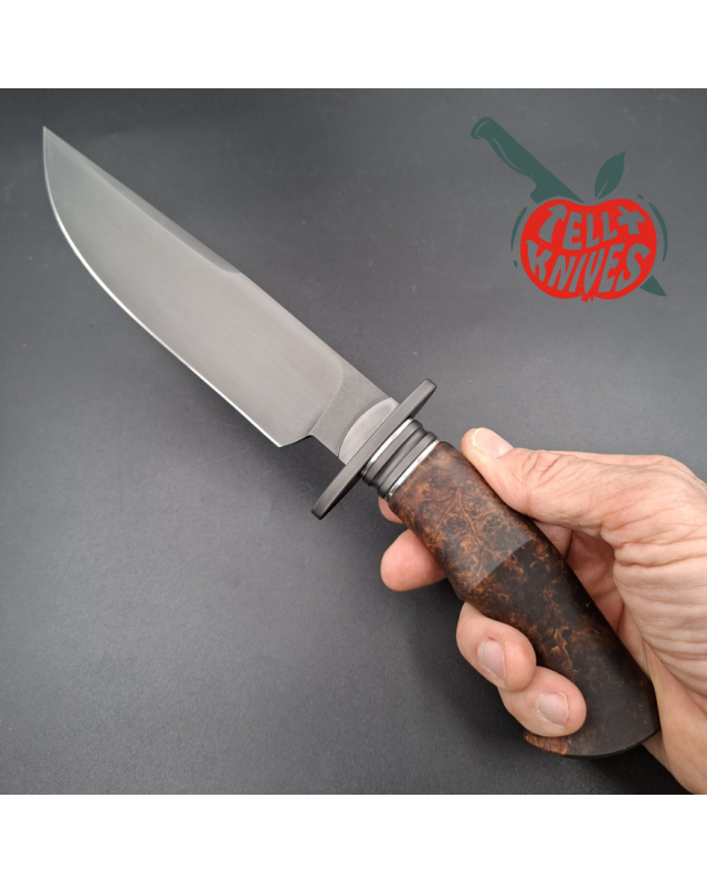 Michal Komorovsky Hunting Knife V4e steel black DLC coating 62HRC stabilized maple wood handle brown leather sheath