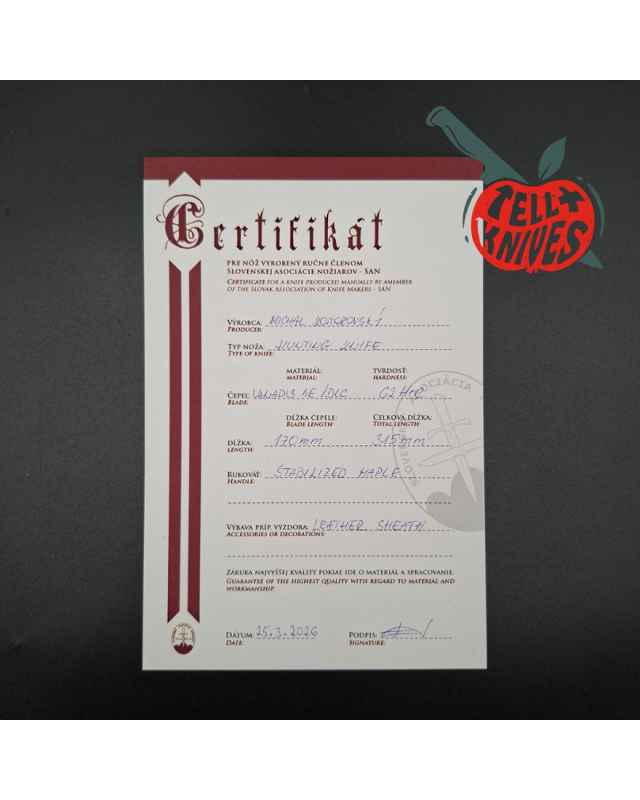 Michal Komorovsky Hunting Knife V4e steel black DLC coating 62HRC stabilized maple wood handle brown leather sheath