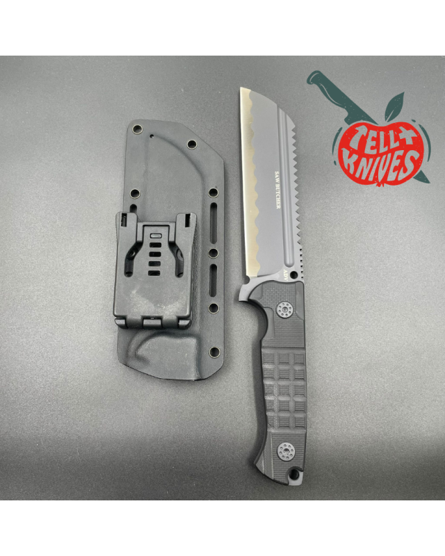 ADV Tactical SAW Butcher survival fixed blade knife full tang D2 steel black finish G10 handle saw teeth black kydex she