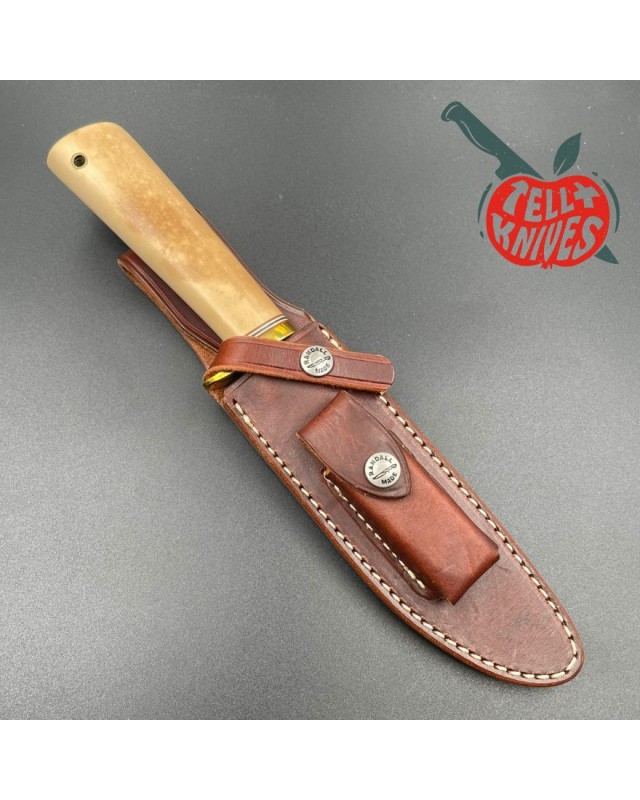 Vintage Randall Model 5 - 6 Camp And Trail forged carbon steel white micarta handle with compass brass guard brown leath